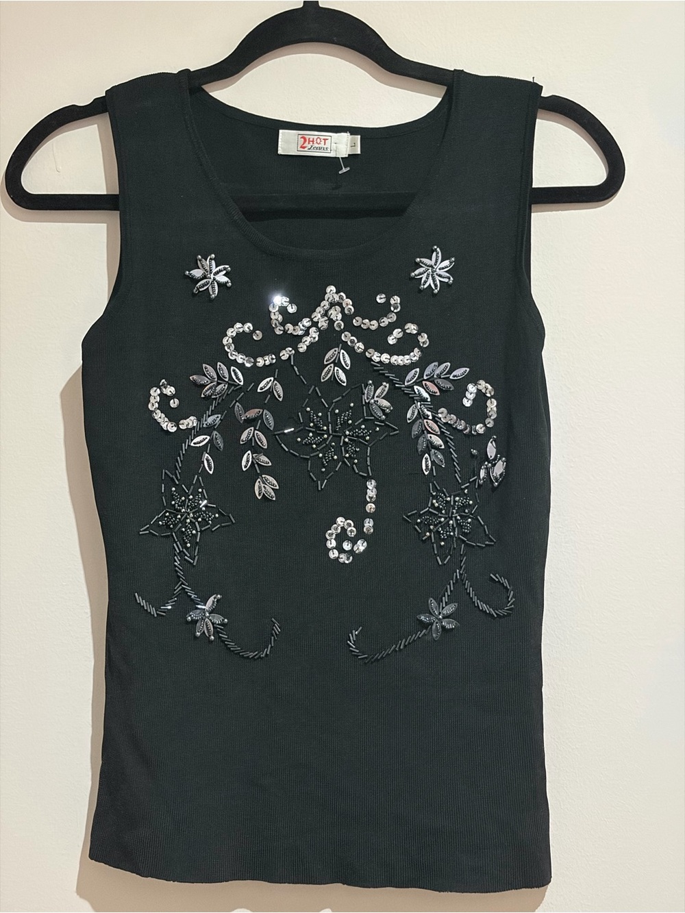 Black Embroidered Sequin Floral Embellished Silver Sparkle Sleeveless Tank Top